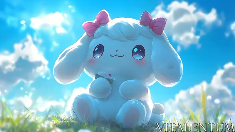 Kawaii plush lamb under vibrant sky with bokeh cloudscape
