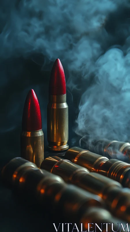 Red-tipped cartridges standing among spent brass casings.