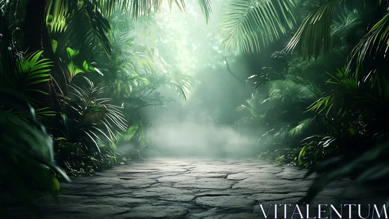Misty jungle pathway with ethereal atmospheric lighting through palm canopy