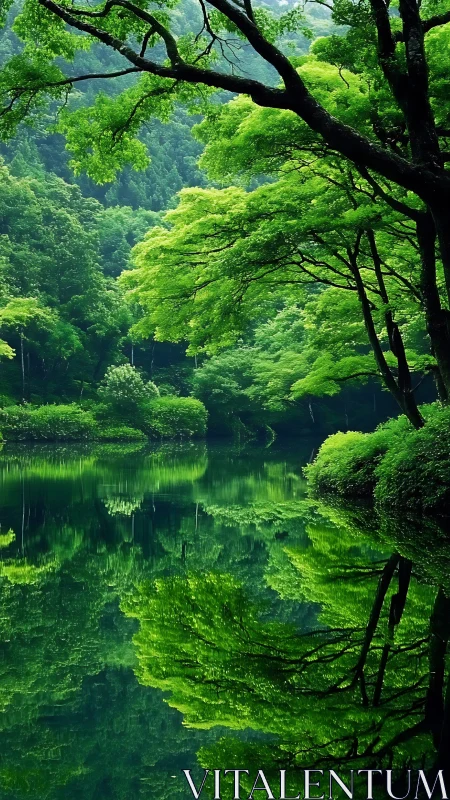 Dense riverside forest reflected in still green water.