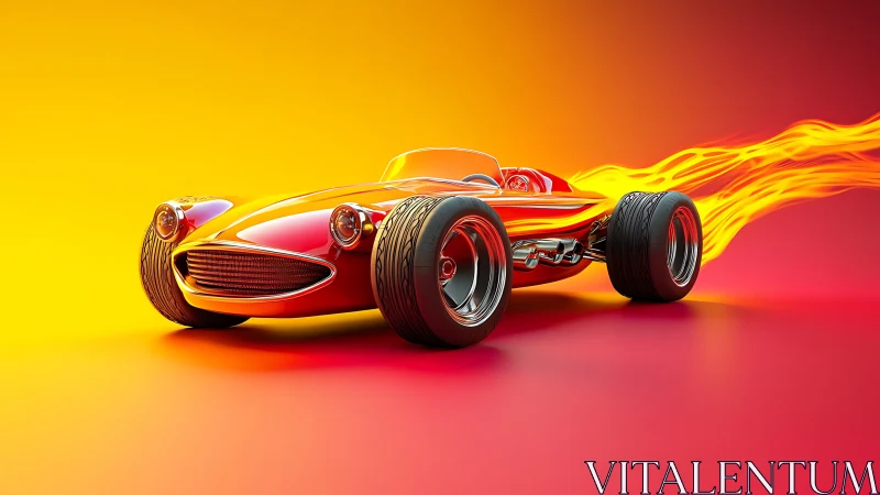Flaming hot rod race car blazes across neon gradient backdrop.