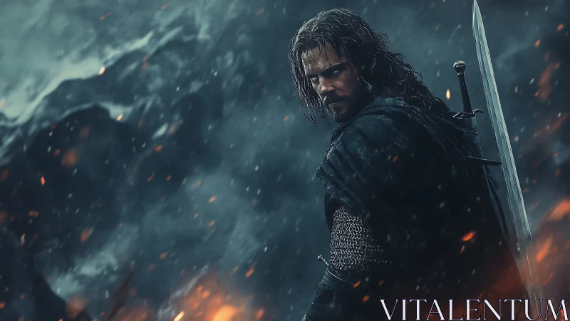 Medieval warrior in dark cloak with sword amid sparks.