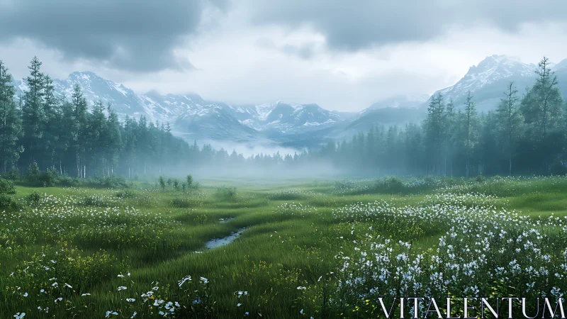 Fog-laden alpine meadow displays layered depth and atmospheric perspective