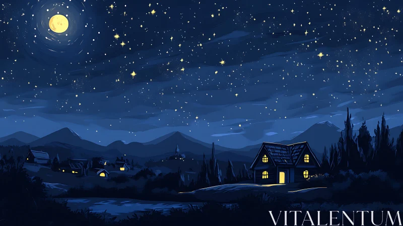 Moonlit country cottage under dense star-filled sky panorama.