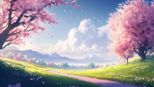 Springtime blossom valley under drifting pastel clouds.