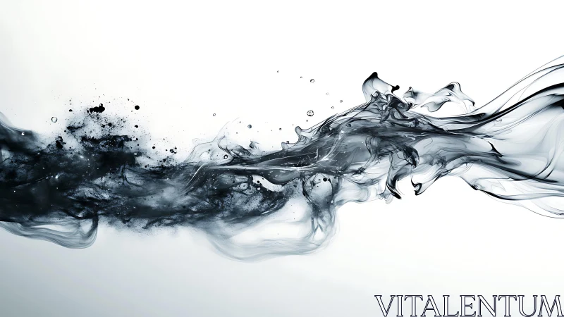 Abstract black ink swirling in water on white background, digital art.