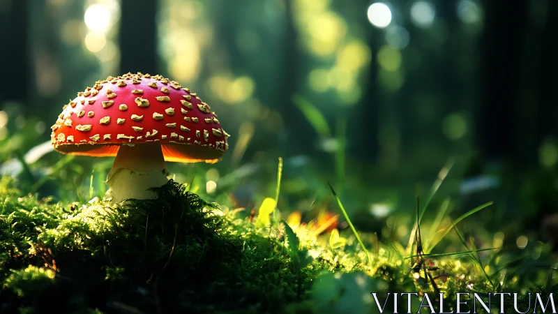Lone red mushroom glows in dreamy sunlit forest clearing