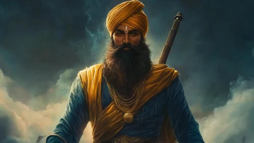 Bearded warrior in turban with sword amid cloudy backdrop.