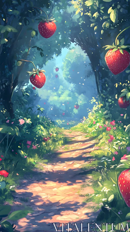 Sunlit forest path with oversized strawberries and wildflowers