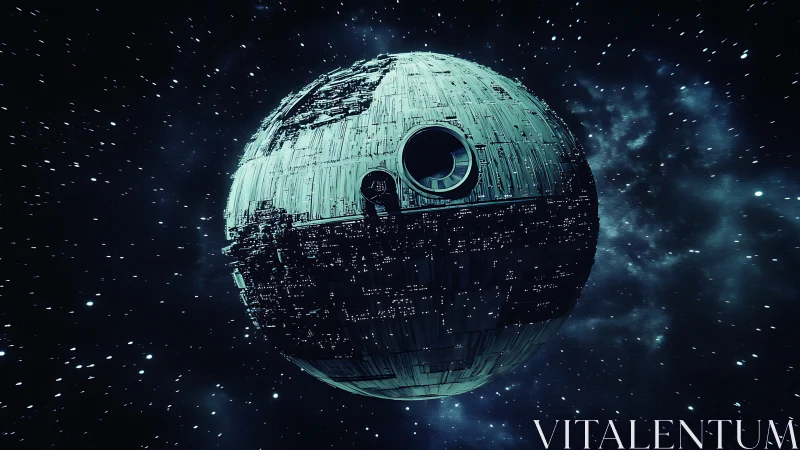 Massive spherical space station drifts through starfield.