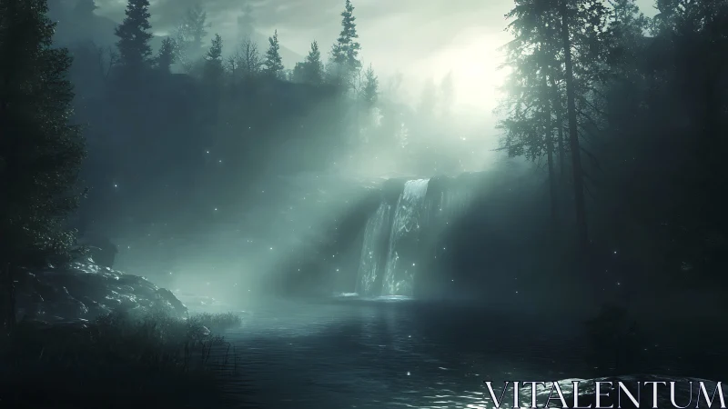 Moonlit mistfall over hushwater pool of whispering firs.