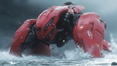 Red bipedal mech in rough water under rainfall conditions.