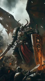 Winged warlord in baroque armor dominating infernal battlefield.