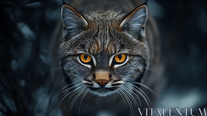 Golden-eyed wildcat portrait in cool-toned forest scene.
