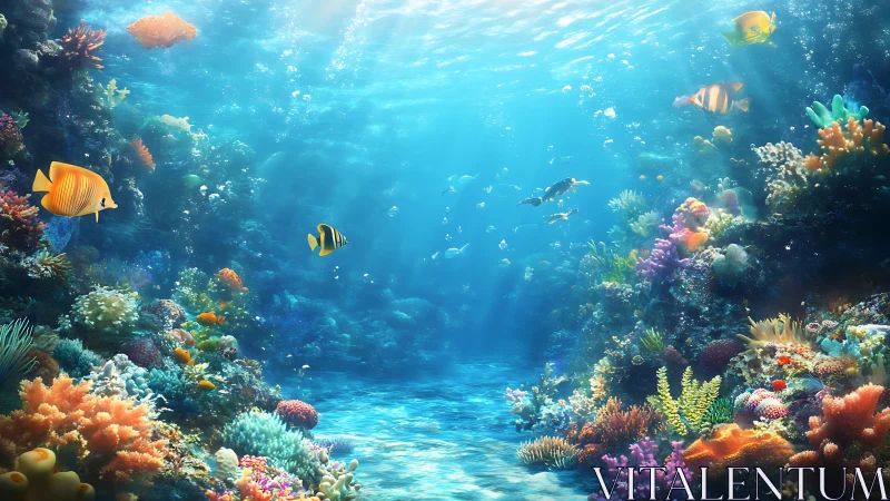 Coral reef scene with tropical fish in clear blue water.