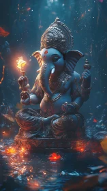 Ganesh statue glowing in blue forest water at night.