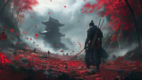 Lone samurai confronts a floating temple in scarlet forest.