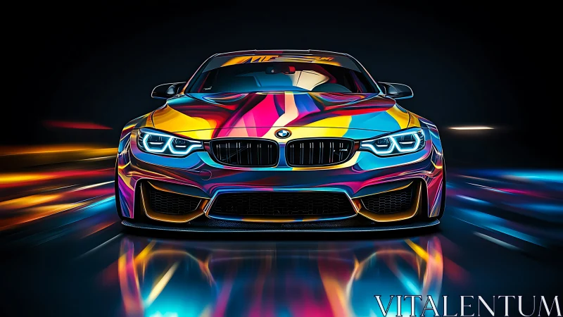 Sports car shows multicolor livery under neon motion lighting