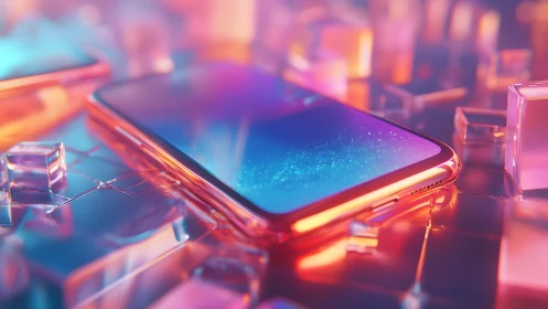 Futuristic smartphone on glass surface with neon lighting in vibrant style.