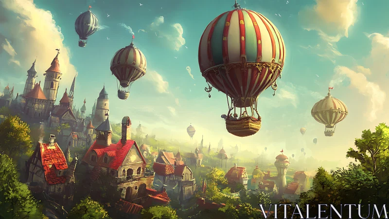 Whimsical airships drift above a sunlit fantasy village.