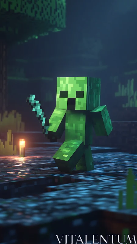 Voxel creeper warrior in torchlit dungeon environment design.