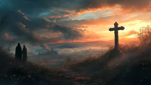 Two cloaked pilgrims share silence beneath a burning sky