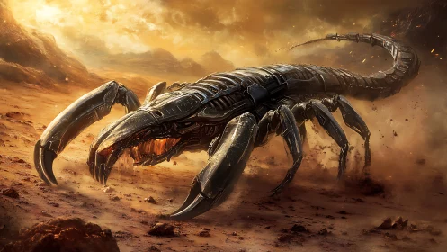 Mechanical desert scorpion charges through blazing dust storm