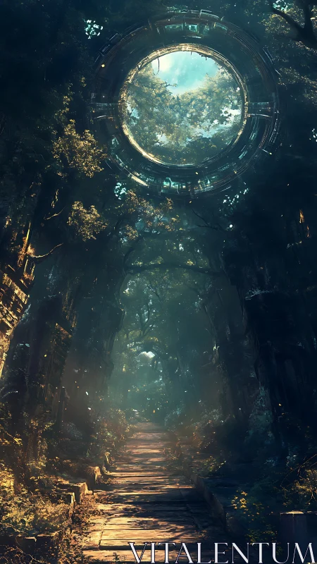 Ancient forest corridor under luminous orbital gateway.