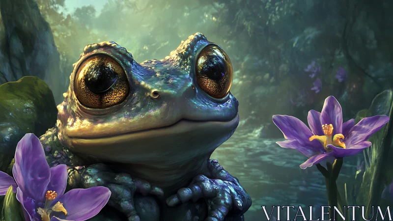 Glowing-eyed forest frog amid luminous violet blossoms.