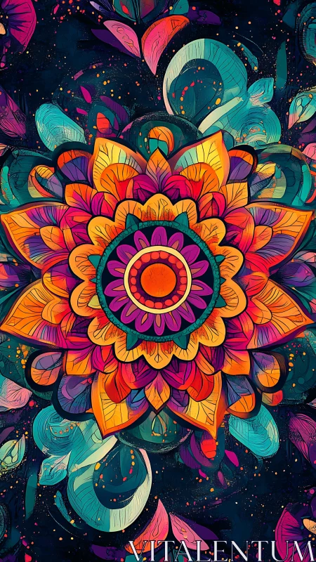 Vibrant radial mandala with neon petals on cosmic backdrop.