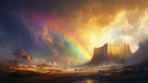 Rainbow siege light crowns a desert fortress at dusk