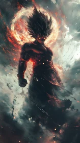 Fiery anime warrior rising through swirling storm clouds.