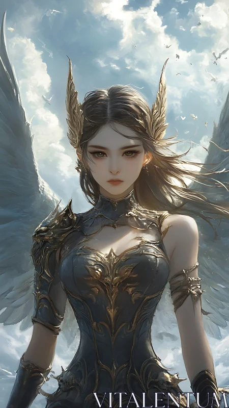 Winged female figure in ornate dark armor against sky.