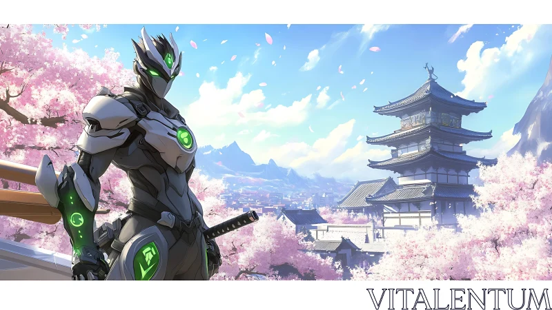 Cybernetic katana operative amid blossom-framed pagoda vista.
