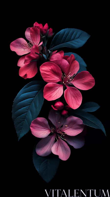 Pink Flowering Blooms with Deep Teal Foliage Against Black.