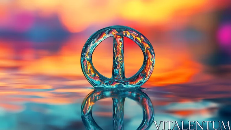 Translucent peace symbol glowing on liquid horizon.