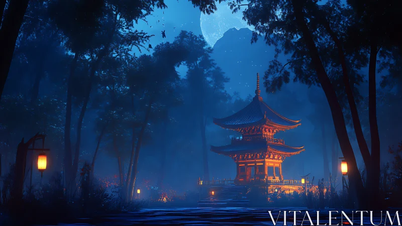 Moonlit pagoda in blue forest with warm lantern glow.