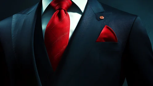 Navy Suit with Crimson Tie and Pocket Square.
