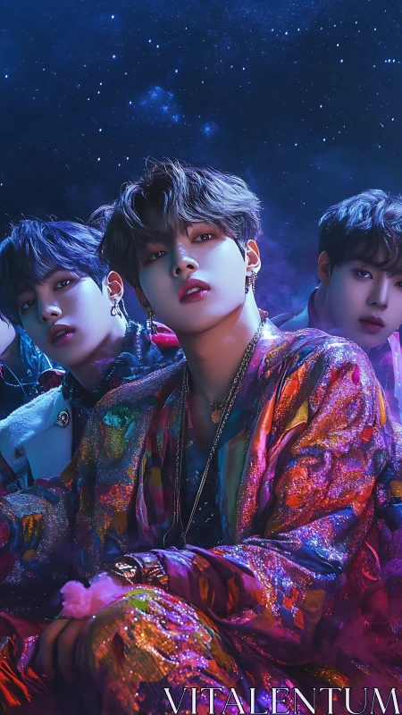 Three stylized figures pose under saturated cosmic lighting