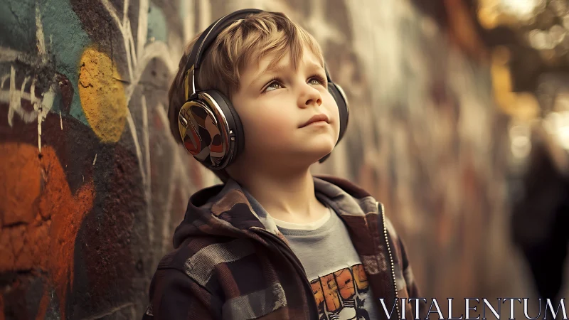 Young listener immersed in urban soundscape with oversized headphones.