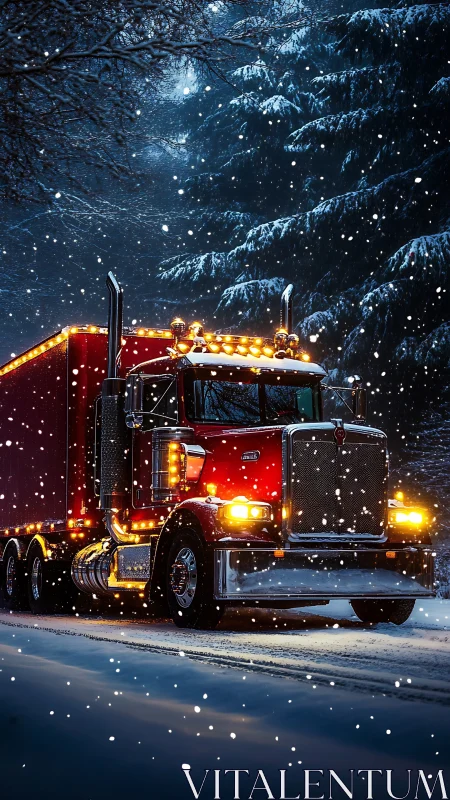 Long-haul red semi truck with LED marker lights in dense snowfall