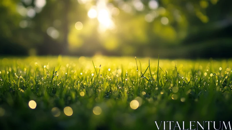 Macro sunrise lawnscape with dewy bokeh field depth study.