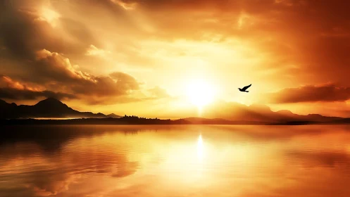 Sunset over calm lake with distant hills and lone bird.