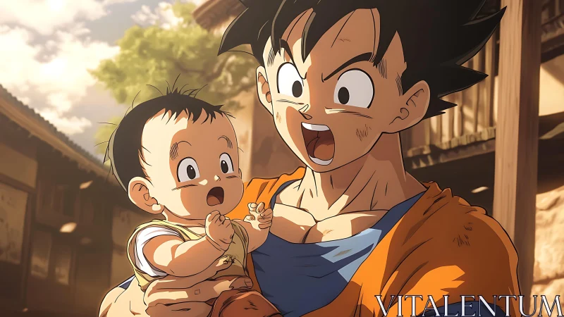 Expressive anime father and infant under warm street lighting.