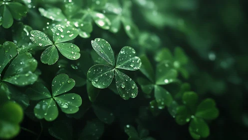 Close view of green clover leaves with surface water droplets.