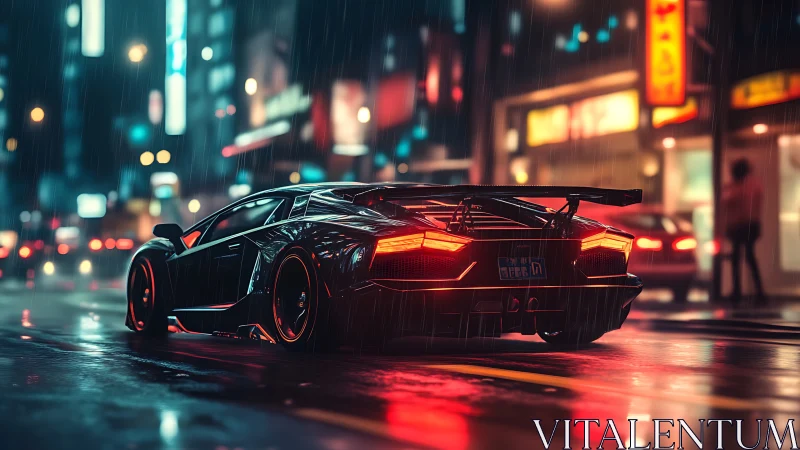 Sleek black supercar on wet neon city street at night.