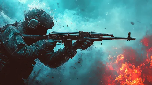 Tactical rifleman in dynamic muzzle-flash scene with bokeh debris