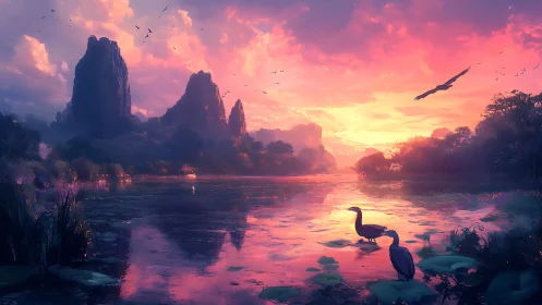 Luminous wetland dusk with herons and towering cliffs.