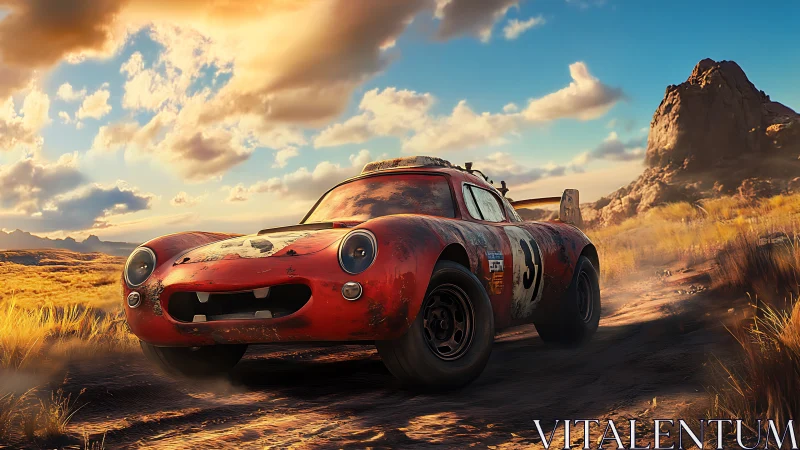 Weathered red race car on dusty desert track at sunset.