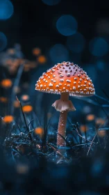 Bioluminescent-style macro of fly agaric under cool bokeh field.